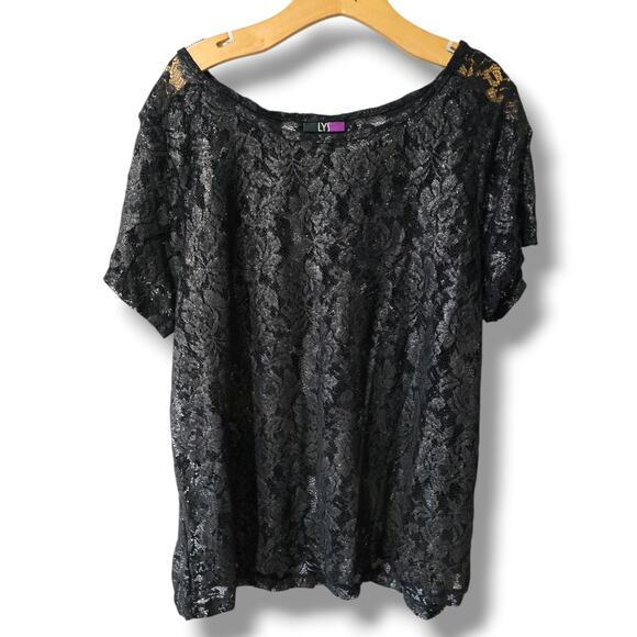 LYS Love Your Style Plus Size Black Semi-Sheer Lace Top Women’s 2X Nylon Blouse - Picture 1 of 7